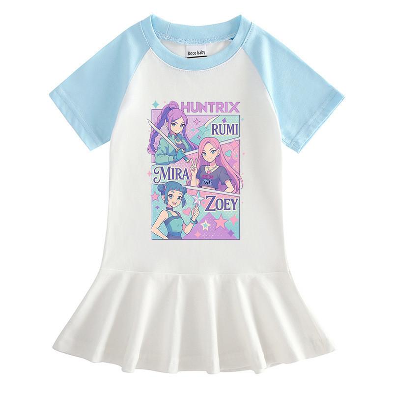 Girls Kpop Rumi Mira Zoey Hunters Print Raglan Sleeves Summer Dress