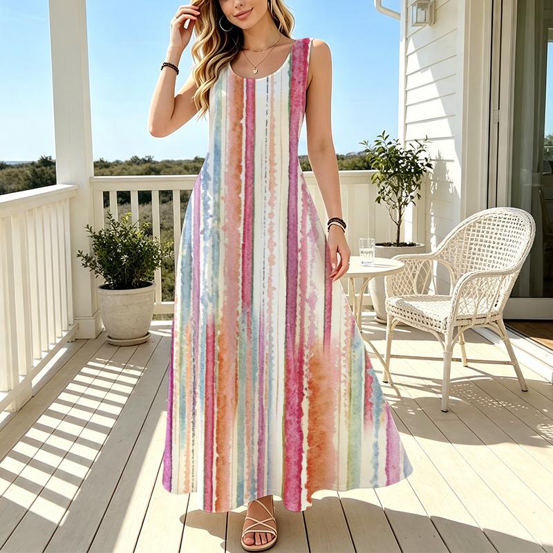 Women's Sleeveless Maxi Dress Watercolor Stripes Lightweight Long Dress for Beach Vacation,Daily Wear,Urban Casual & Elegant Wear