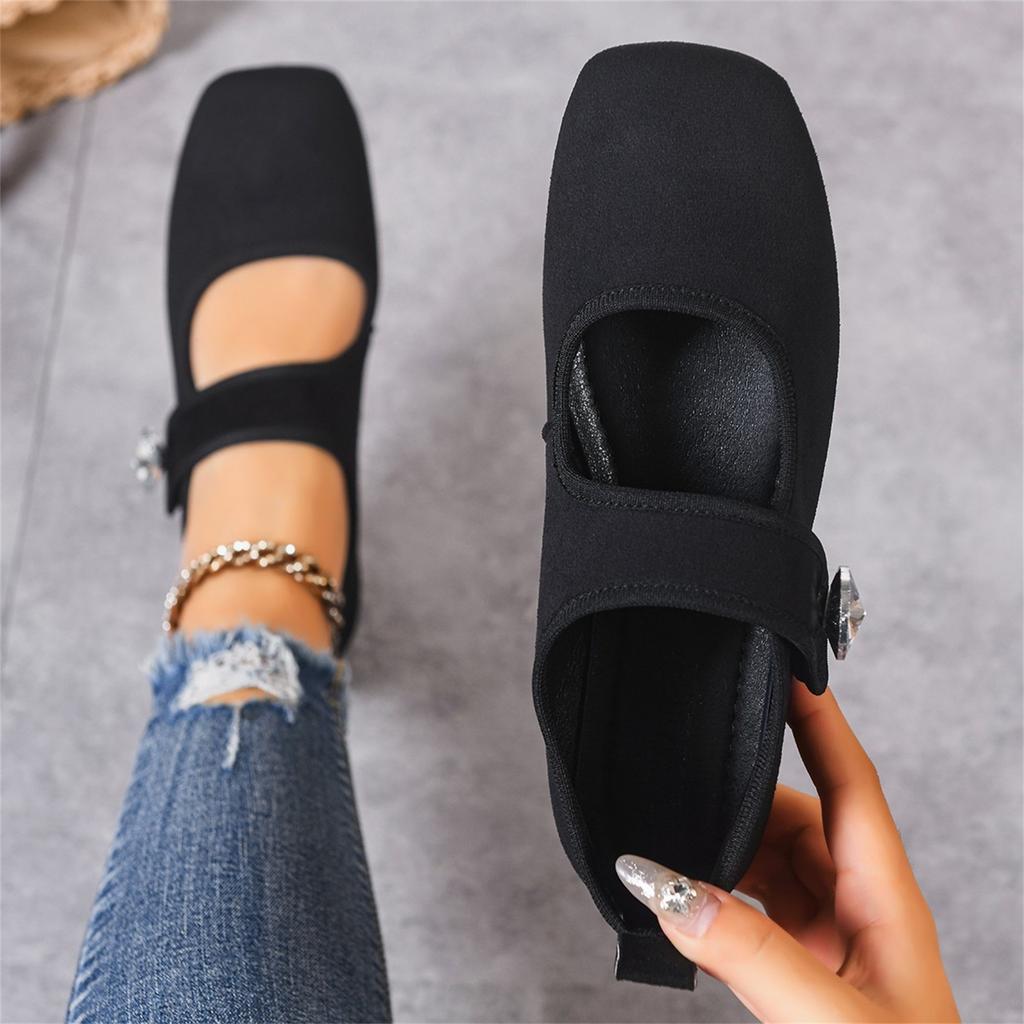 Women's Plus Size Casual Square Toe Flats with Rhinestone Decoration Adjustable Strap Comfortable Slip-On Shoes Suitable for Daily Wear