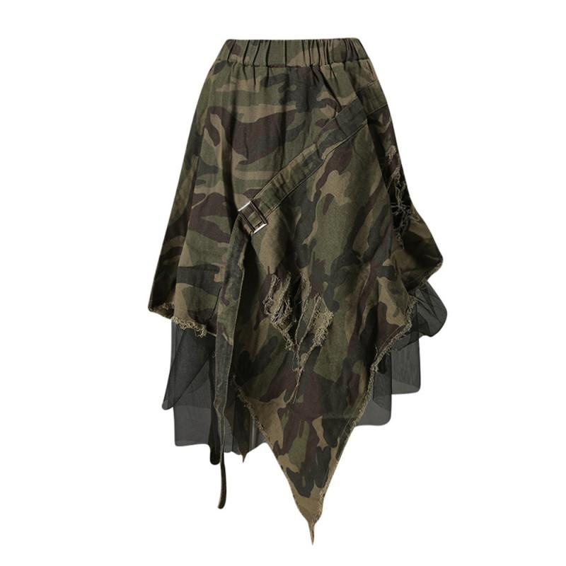 Womens Denim Camo Patchwork Midi Skirt