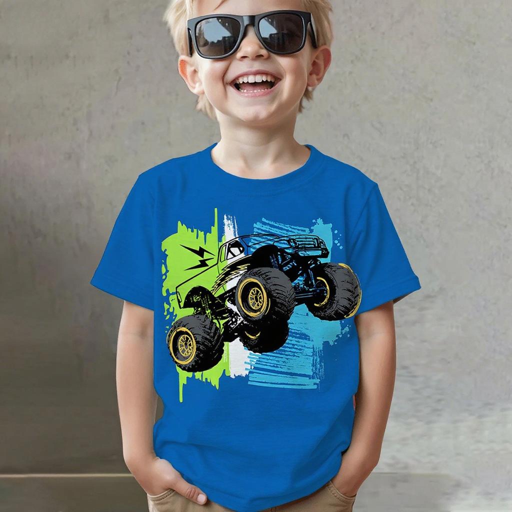 Summer Round Neck Vehicle Themed 3D Printed Top Fashionable Casual Short Sleeved Children's Boy T-shirts