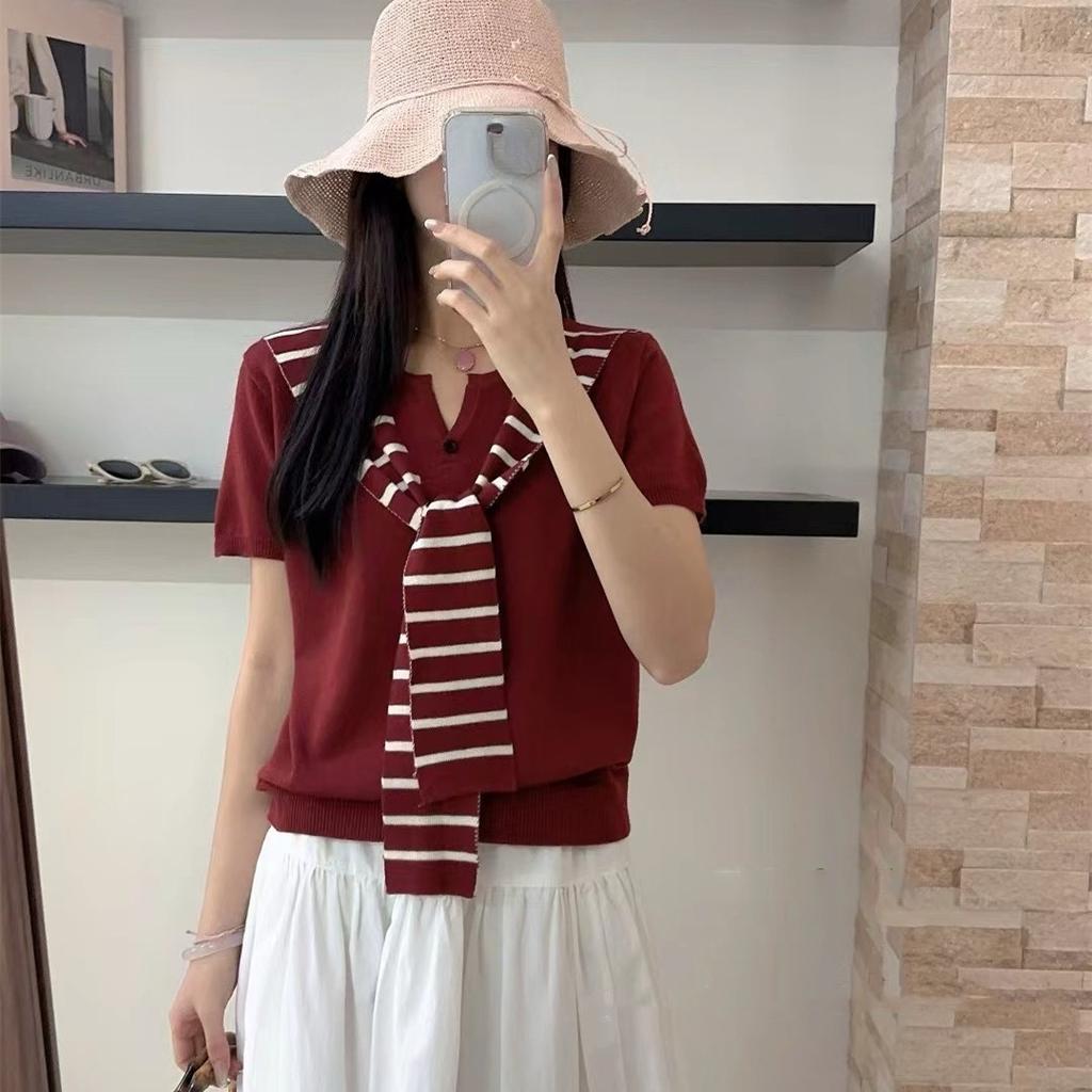 Striped Shawl fake two pieces sweater Versatile Short Sleeve casual Knitted Top For Spring & Summer Women's Clothing yellow Tops