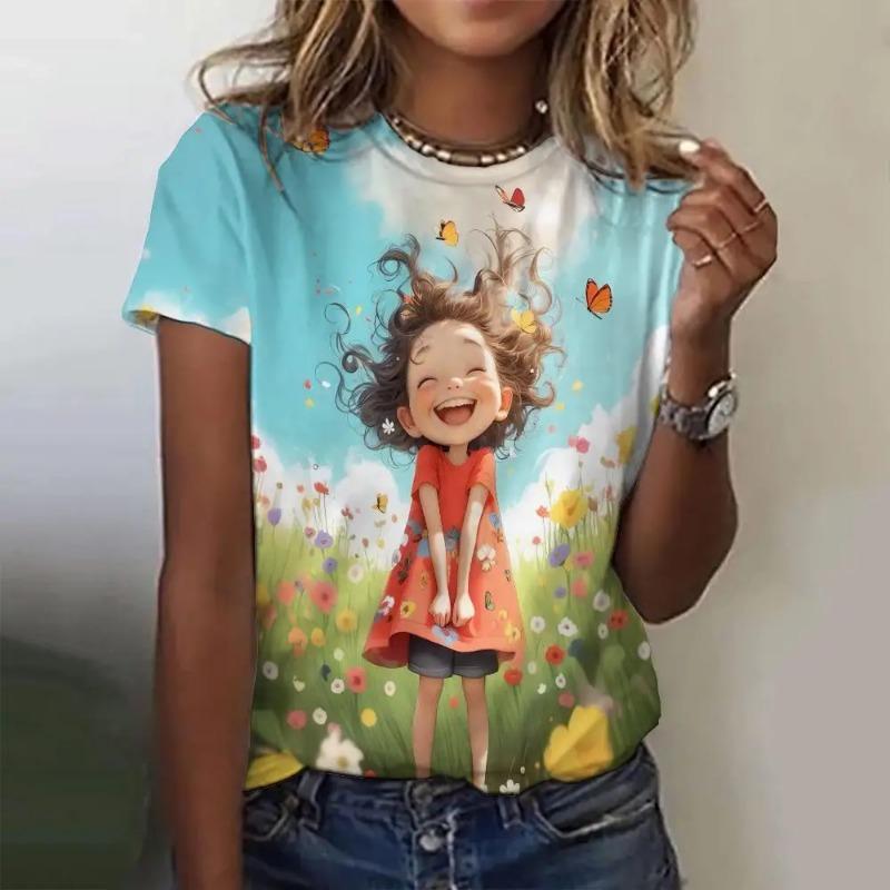 Summer Women's T Shirt Anime Girl Pattern Print Casual Short Sleeve Pullover Fashion Streetwear Cute Girl Tee Female Clothing