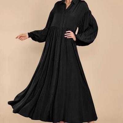 S-5XL Women's Casual Solid Colour Button Lapel Pleated Long Sleeve Extra Long Dresses