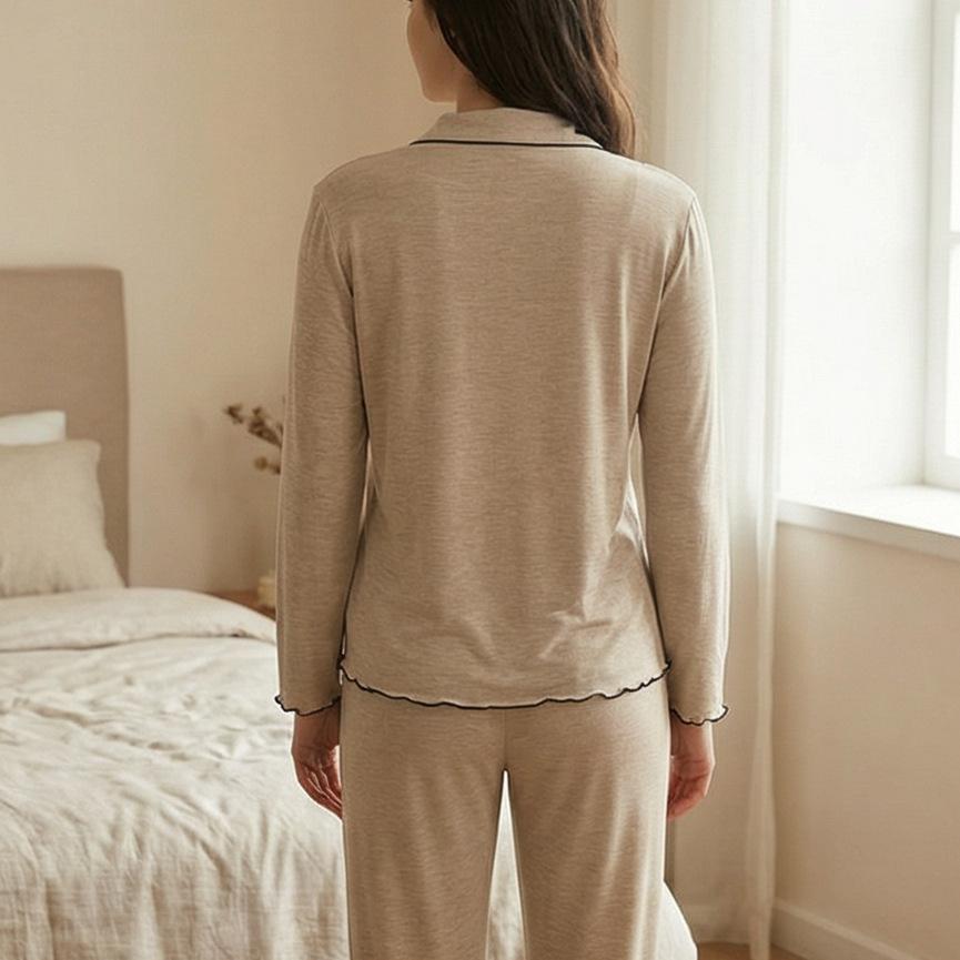 European and American long-sleeved pajamas set women's lapel button homewear knitted cardigan two-piece set wholesale