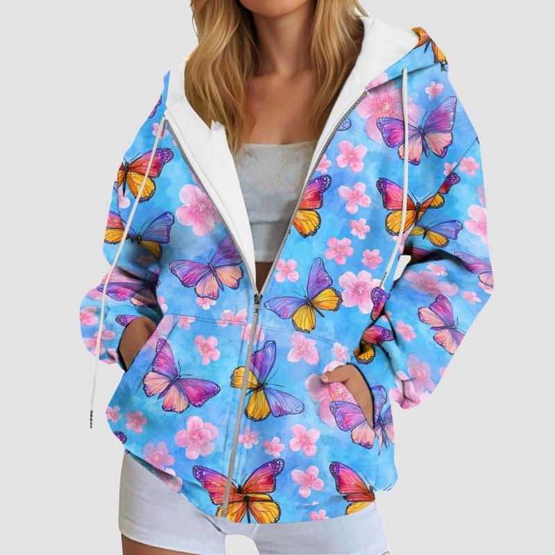 Damen Kapuzenpullover mit Schmetterlings-Grafik Herbst Reißverschluss Langarm Lockere Jacken Mäntel Streetwear Harajuku Lässige Kapuzenpullover