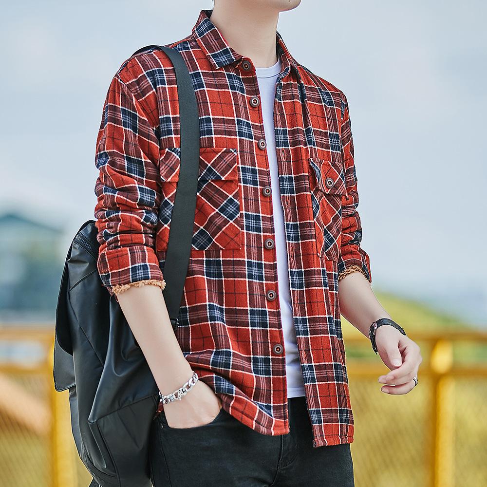 Podzimní/zimní Bavlna Košile Trend Kostkovaná Jehněčí Vlna Zesílená Kostkovaná Teplá Košile pro Muže