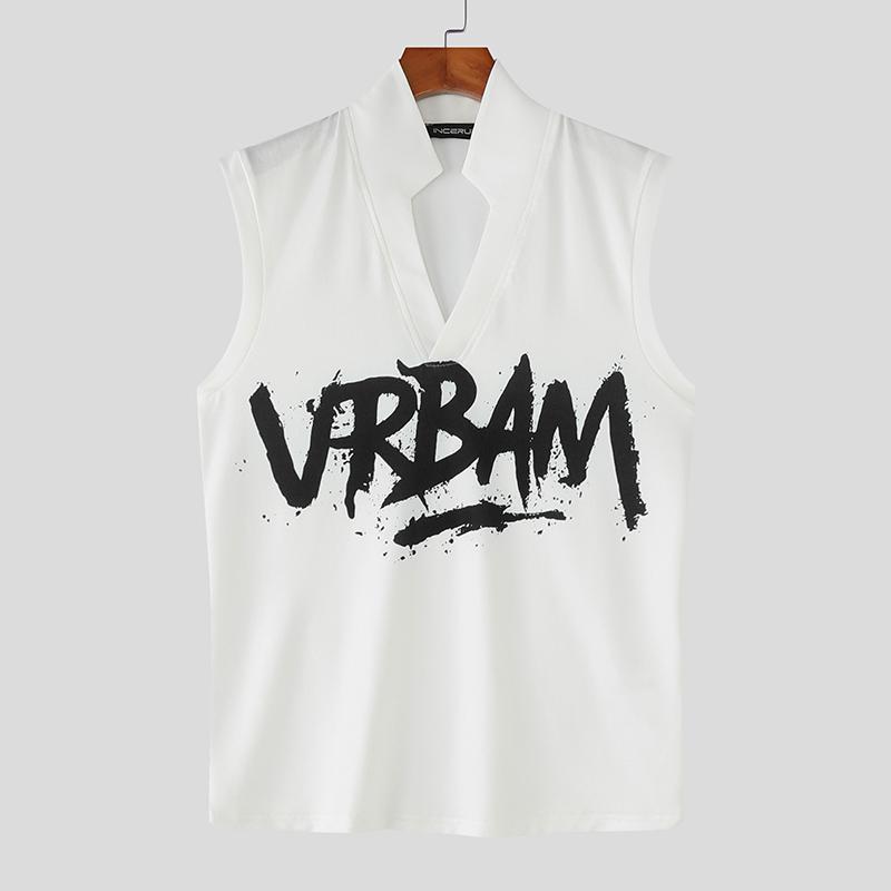INCERUN Men Stand V Neck Sleeveless Letter Print Casual Rib Tank Tops 
