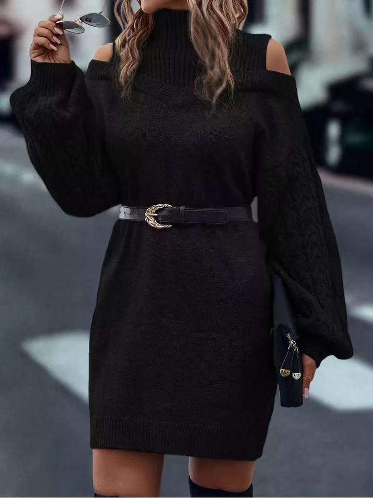 Open-shoulder Loose Semi-turtleneck Sweater with Lantern Sleeves