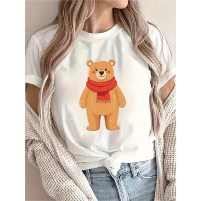 European Size Cartoon Bear Printed T-shirt, Women's Casual, Vacation, Short-sleeved Round Neck, Spring and Summer, New Women's Clothing,