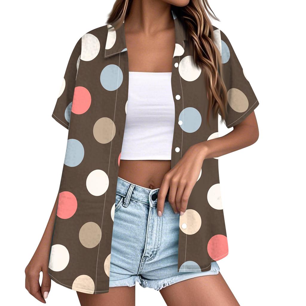 Women's Casual Loose Fit Short Sleeve Button Down Shirt Polka Dot Print Collared Blouse Lightweight Summer Top
