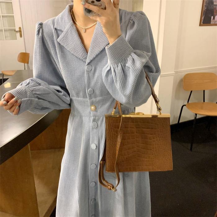 Women's autumn clothing new French suit collar design can be sweet and salty medium and long skirt corduroy dress