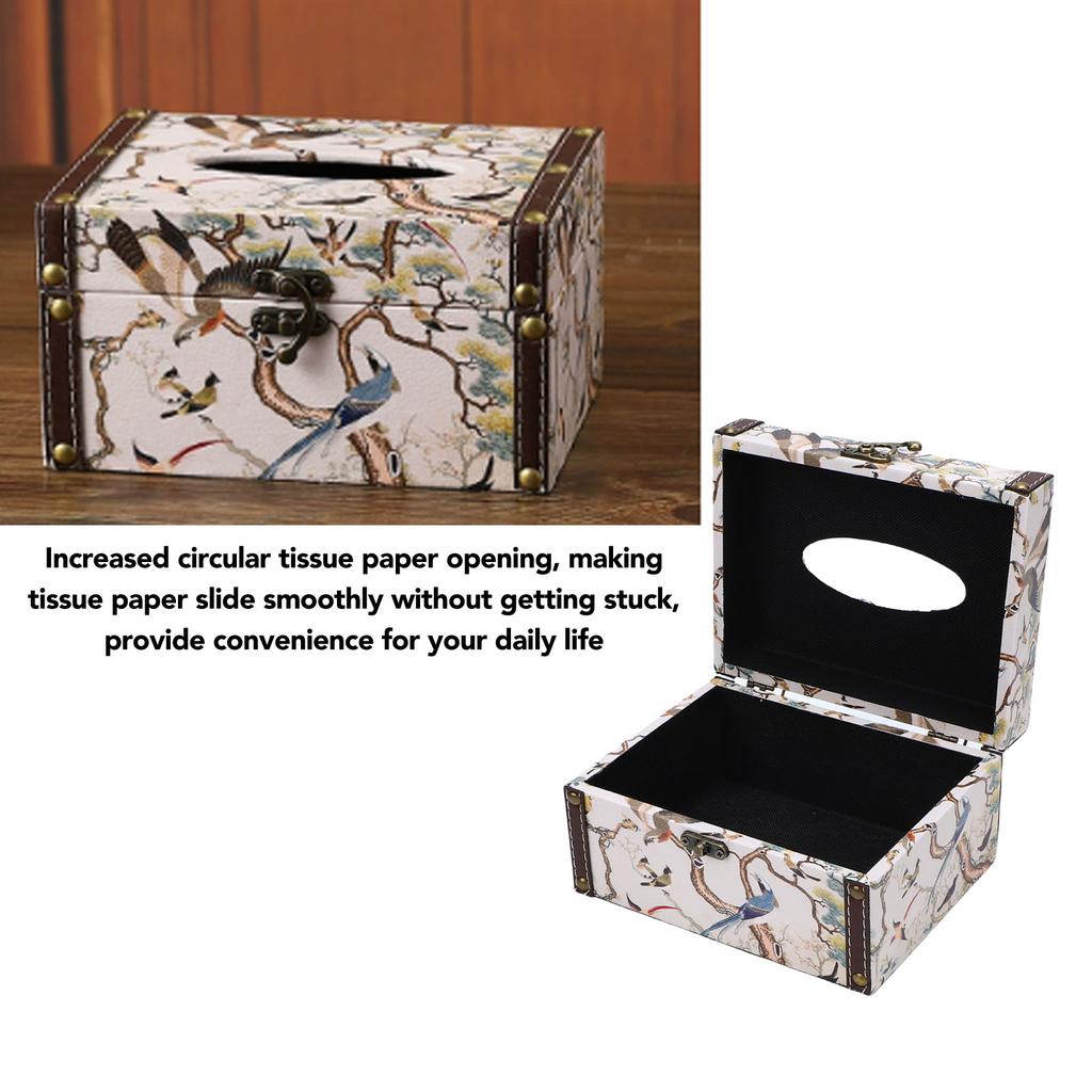 Tissue Box Cover Retro Rectangle Vintage PU Leather Wood Decorative Facial Tissue Holder