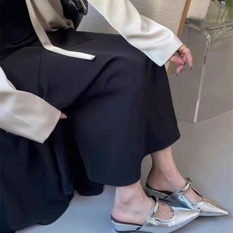 Fashion New Style Luxury Fashionable Sexy Comfortable Women's Pointed Toe Thick Heel Leather Slippers Metal Toe Sandals Banquet Slippers