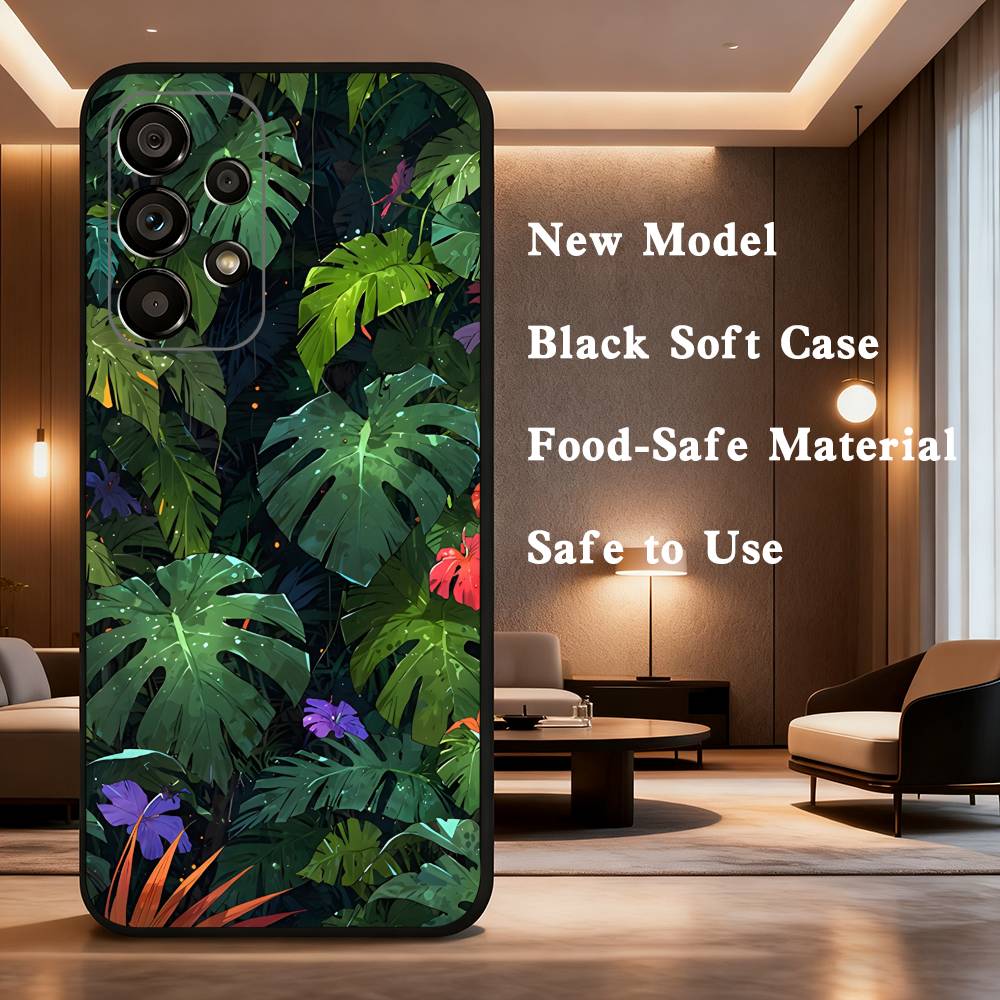 Handyhülle mit Palmenblatt-Motiv für Samsung Galaxy A73, 31, 32, 72, 41, 53, 52, 71, 22, 5G, Note, J7, 8, 9 – Weiche, schwarze Hülle