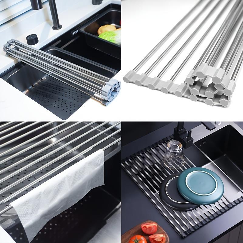 Premium stainless steel roll-up dish drying rack, space-saving, rust-resistant, easy-clean over-sink kitchen organizer.
