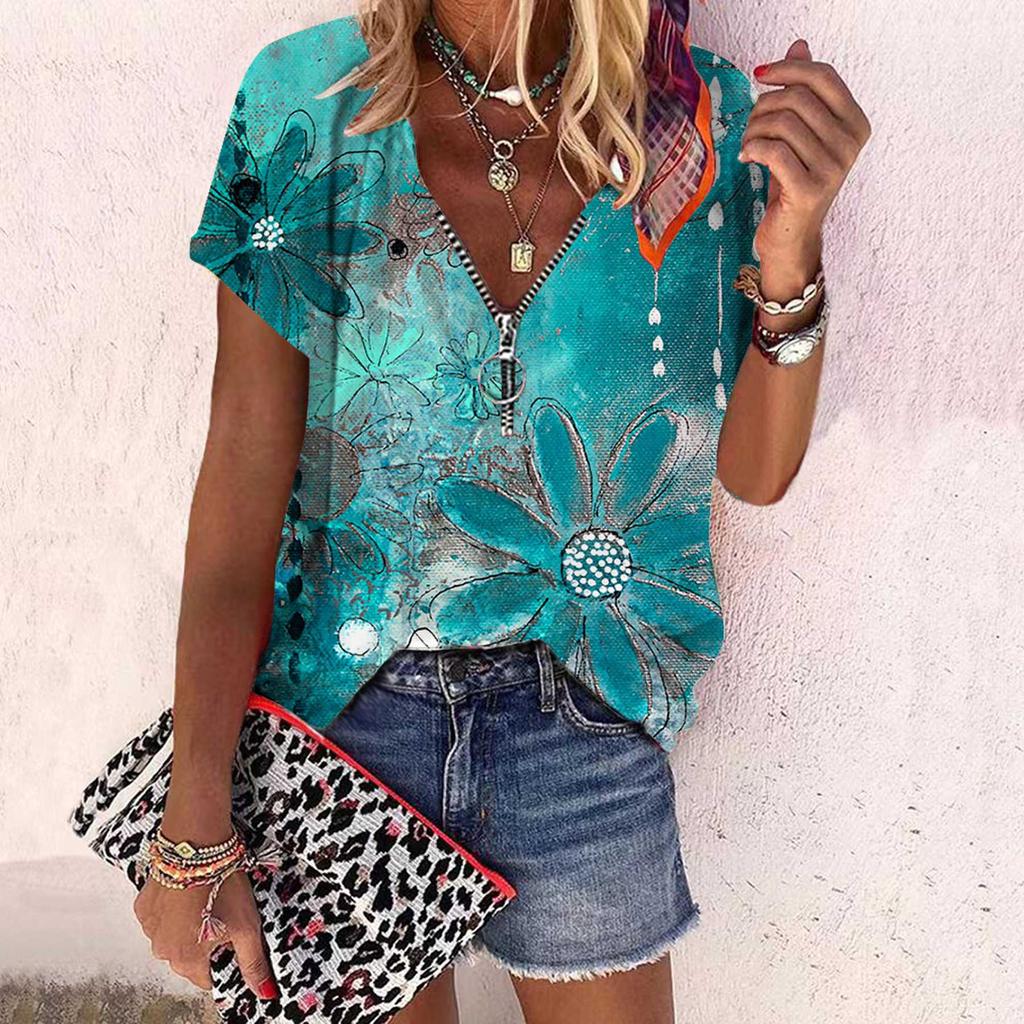 Dame Topp Sommer Ny Mote Rose Blomst Graffiti Blomster Trykt Casual Glidelås V-hals Kort Erm Topp