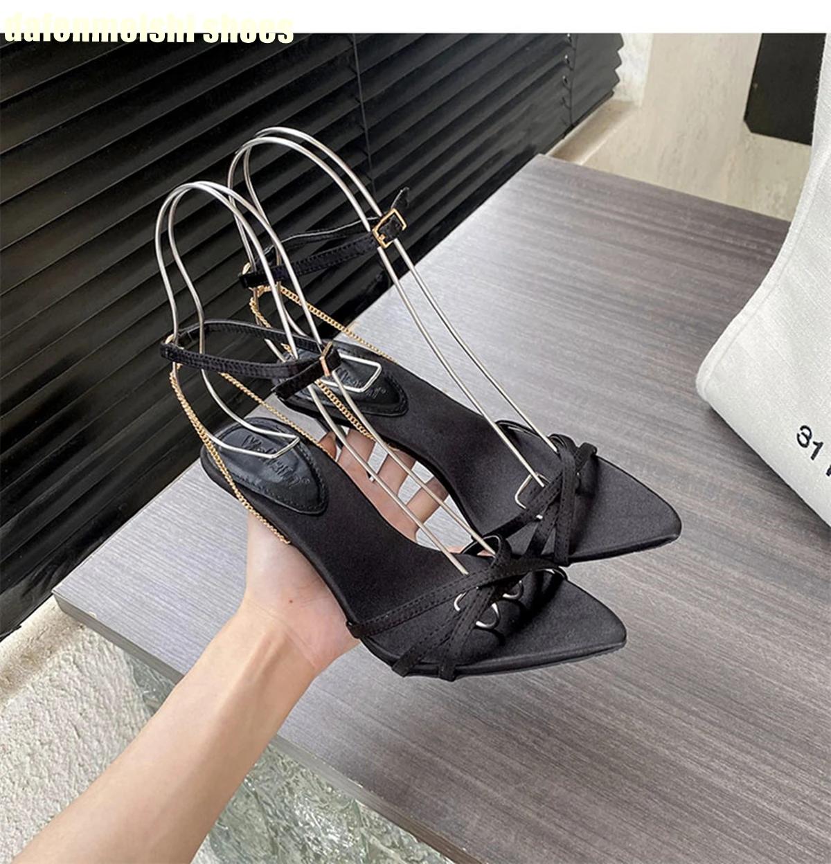 

Fashion Pointed Toe Metal Chain High-Heeled Shoes for Women Summer Stiletto Heel Satin Open-Toe Sandals Sexy Purple 2025 New Styles 39