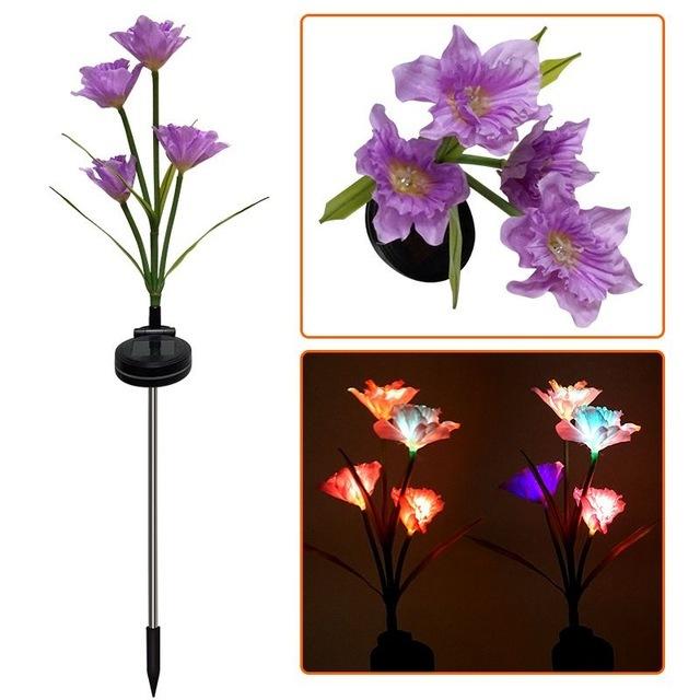 

4-х головной солнечный цветочный светильник Белый/фиолетовый/желтый светодиодный светильник в виде нарцисса для сада, декоративный светильник для газона, сменные ландшафтные светильники RGB фиолетовый