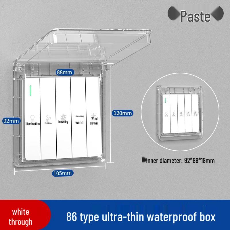 Type 86 Waterproof Self-Adhesive Switch Cover, Splash-Proof Box for Bathroom