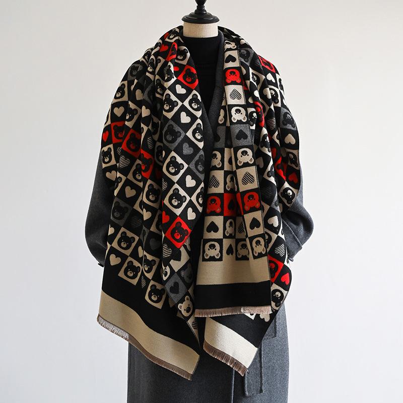 Cartoon Love Bear Imitation Cashmere Thermal Scarf Korean Sweet Fashion Versatile Long Shawl