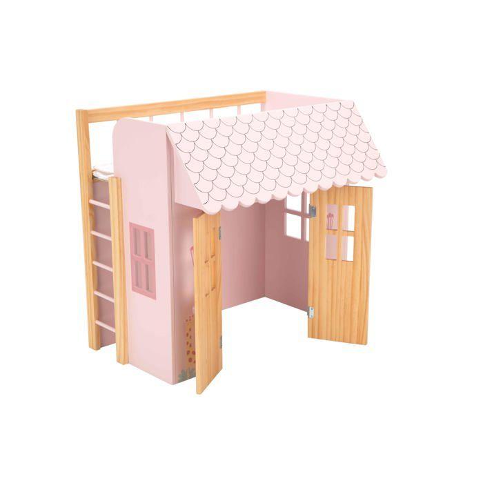 Drewniane łóżko domek dla lalki - Arias - Różowe - Wymiary: 50x39x50 cm - Cottage - Materiał: Plastique