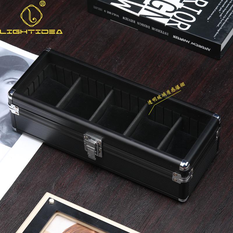Aluminum Alloy Watch Box with Transparent Lid, 5 Slots, Multiple Colors