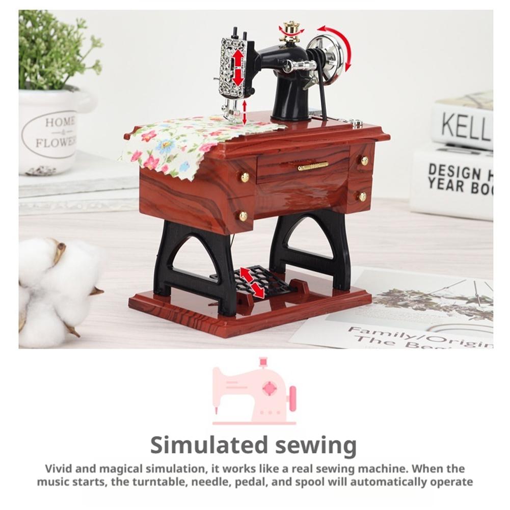 Vintage Sewing Machine Model Music Box Retro Mechanical Wind Up Musical Gift Creative Home Desk Art Ornament Collectible Craft