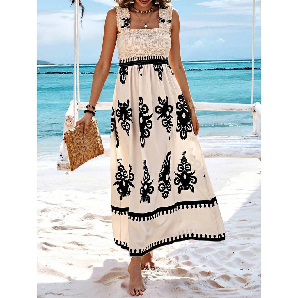 Women's Square Neck Sleeveless Maxi Dress Loose Fit High Waist Gentle Floral Print Summer Beach Vacation Flowy Boho Sundress