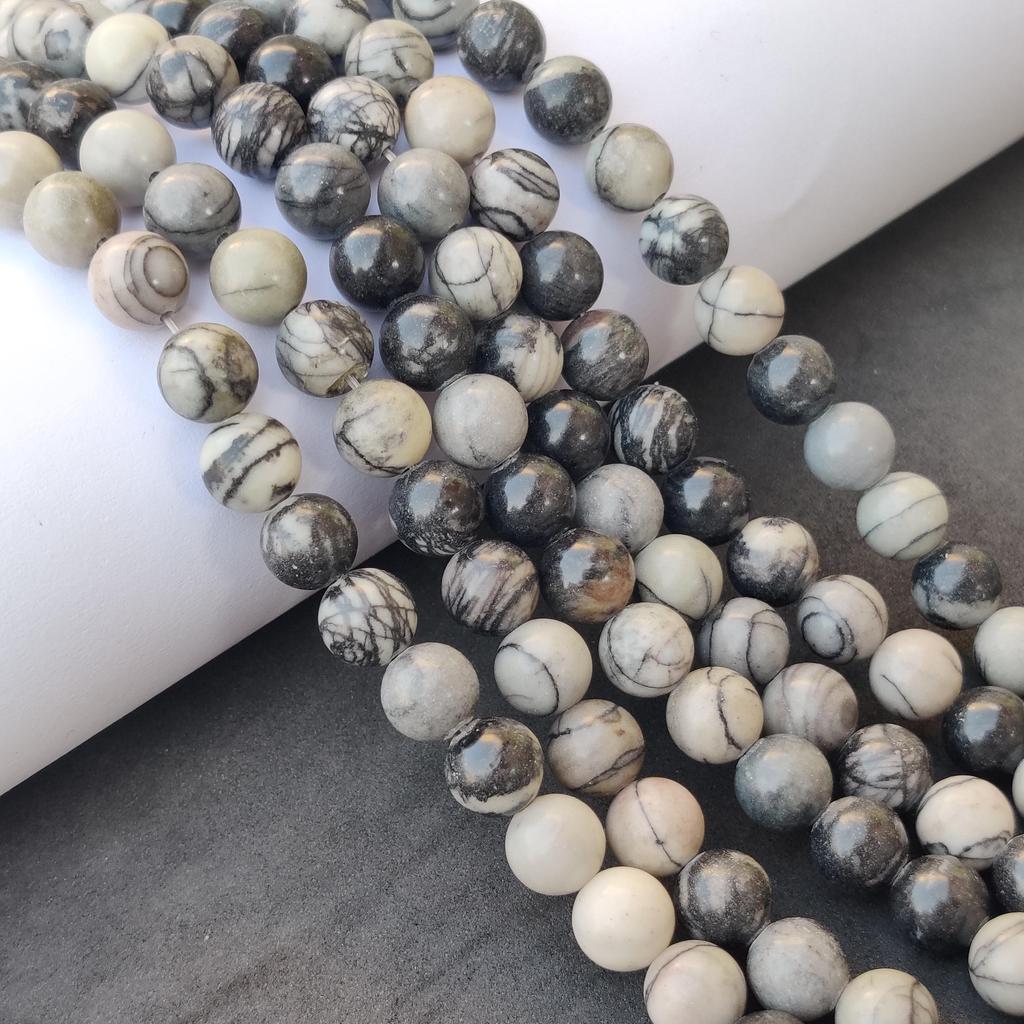 Size 6 MM 8 MM 10 MM Size, Genuine Natural Polish Stone Web Jasper Gemstone Beads, Black Round Loose Beads.