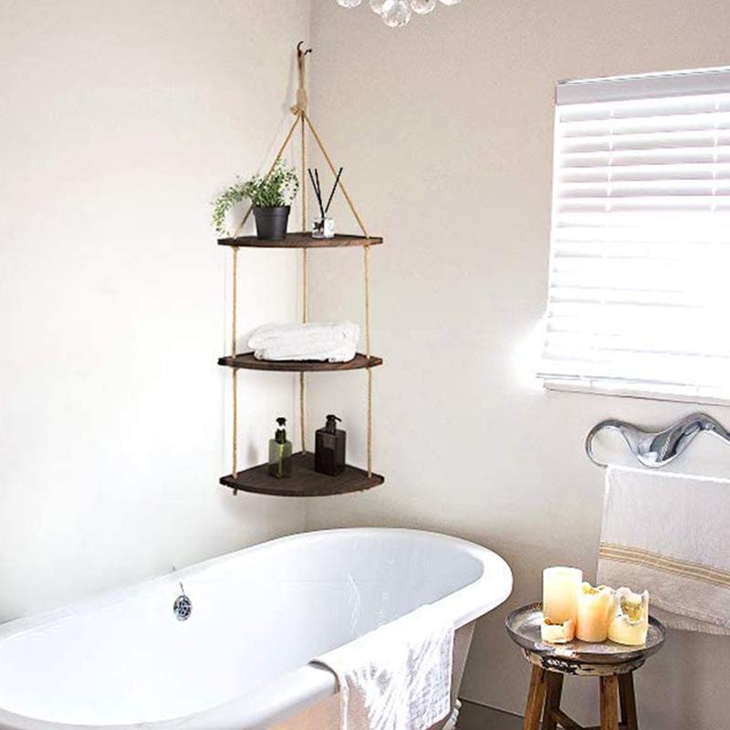Three-Layer Hanging Wooden Bathroom Shelf with Hooks
