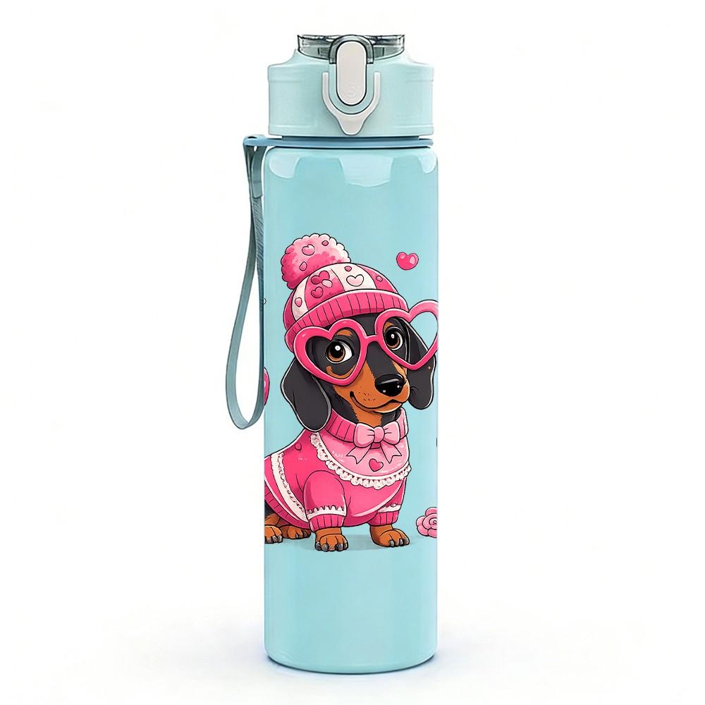 1PC Dachshund Dog With Pink Bow Print 750ml Color Plastic Sports Water Bottle Leakproof Flip Straw Lid Suitable for Sports Office Home Use