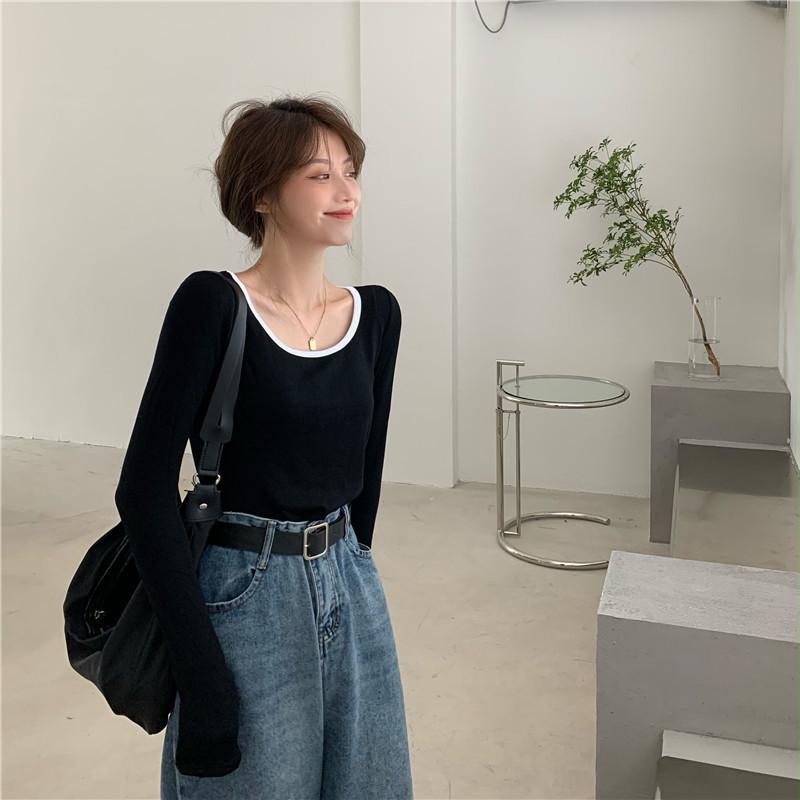 

2023 Early Autumn Slim Fit Long Sleeve Women s Clavicle T-shirt: Trendy Short Sweet & Spicy Student Top XL