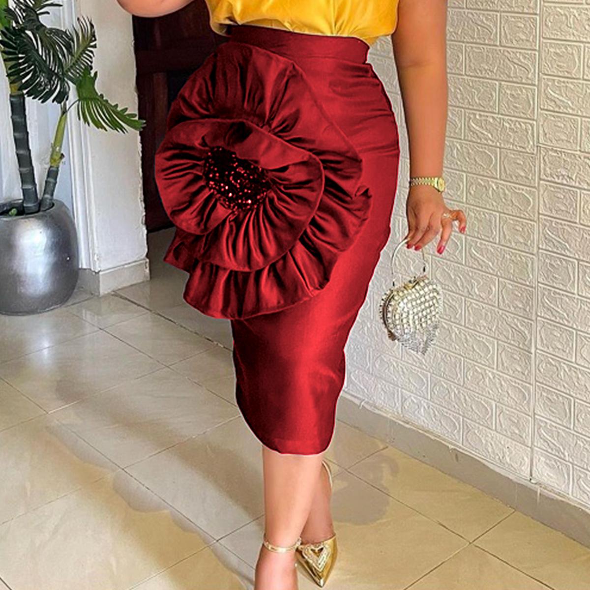 

AOMEI женская черная юбка с большим цветком и блестками, высокая талия, посылка, модные вечерние юбки миди для коктейля на день рождения для женщин 3XL