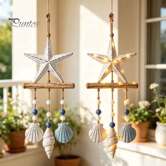 Decorazione da Appendere per Portico Costiero, Ornamento da Parete in Legno Illuminato, Cartello Nautico con Pesce, Conchiglia, Stella Marina e Ornamenti, Luci LED Calde, Casa al Mare per