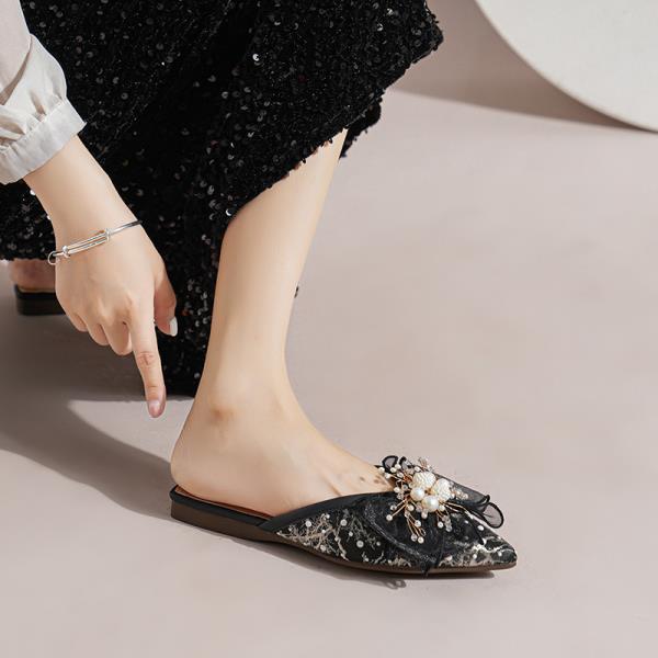 Fashion Cover Toe Big Size Shoes Low Slippers Flat Slides Slipers Women 2025 Pointed Fabric Hoof Heels Bling Rubber PU Silk Shoes Womens