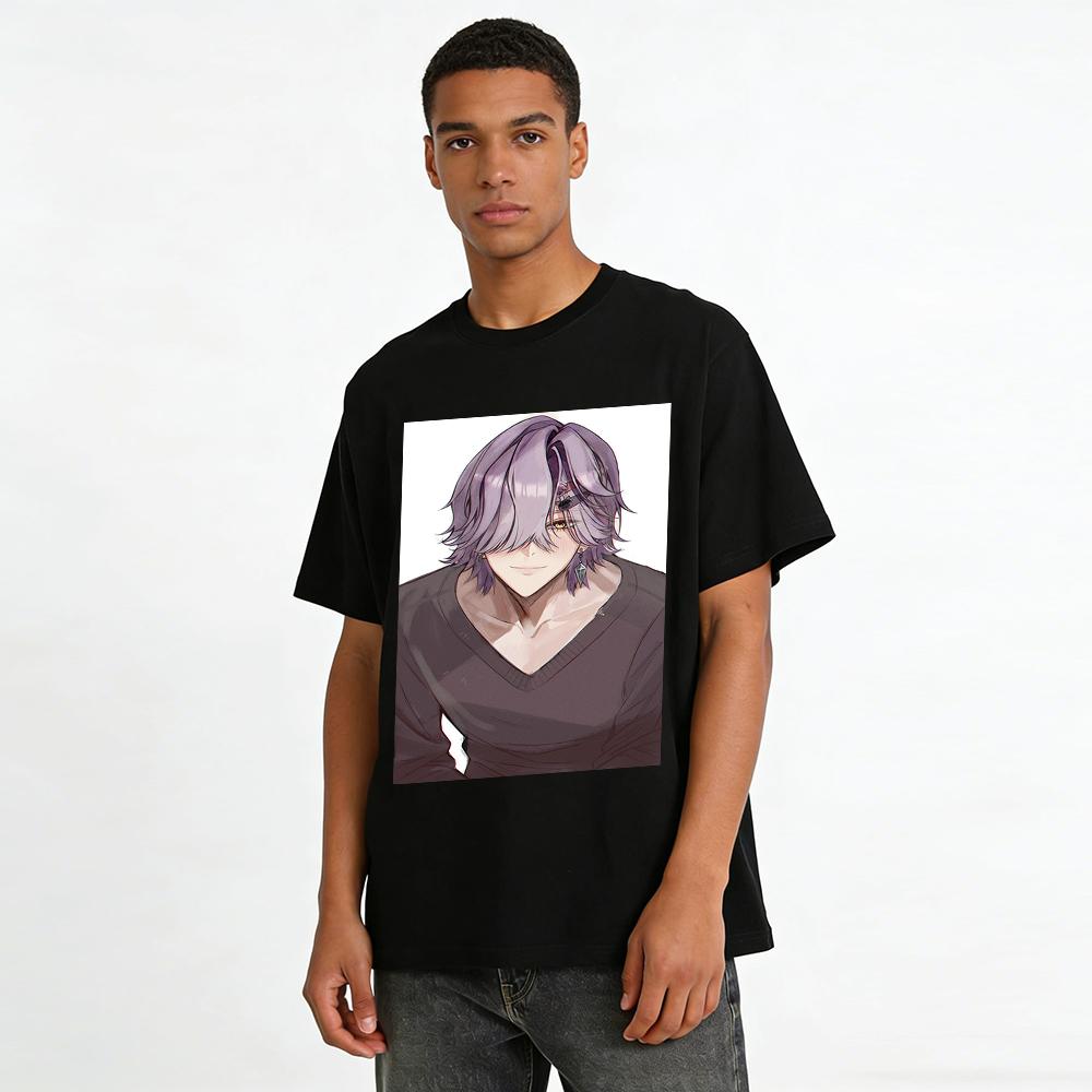 Anime Style V-neck Top With Purple-haired Handsome Guy Print Casual Loose Comfortable Daily Wear Pure cotton T-shirt