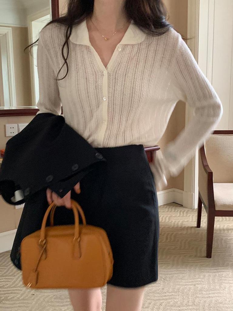 Women's Loose Thin Doll Collar Wool Cardigan - French Hollow Knit Sweater for Spring & Autumn