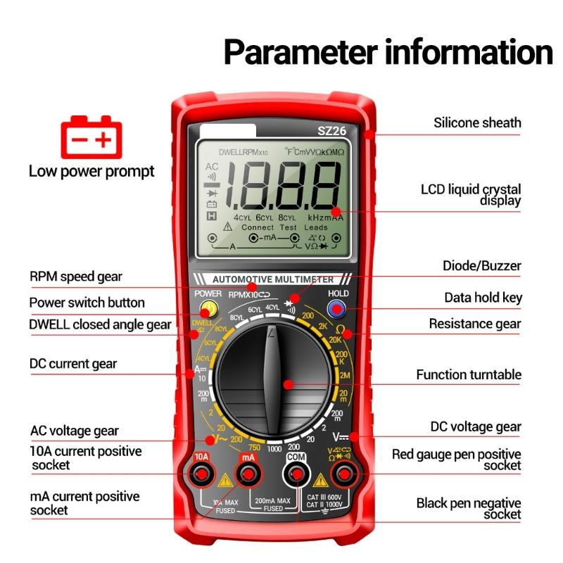 Portable Auto Repair Multimeter High Accuracy Car Circuit Tester Easy to Carry for Various Vehicle Circuit Measurements