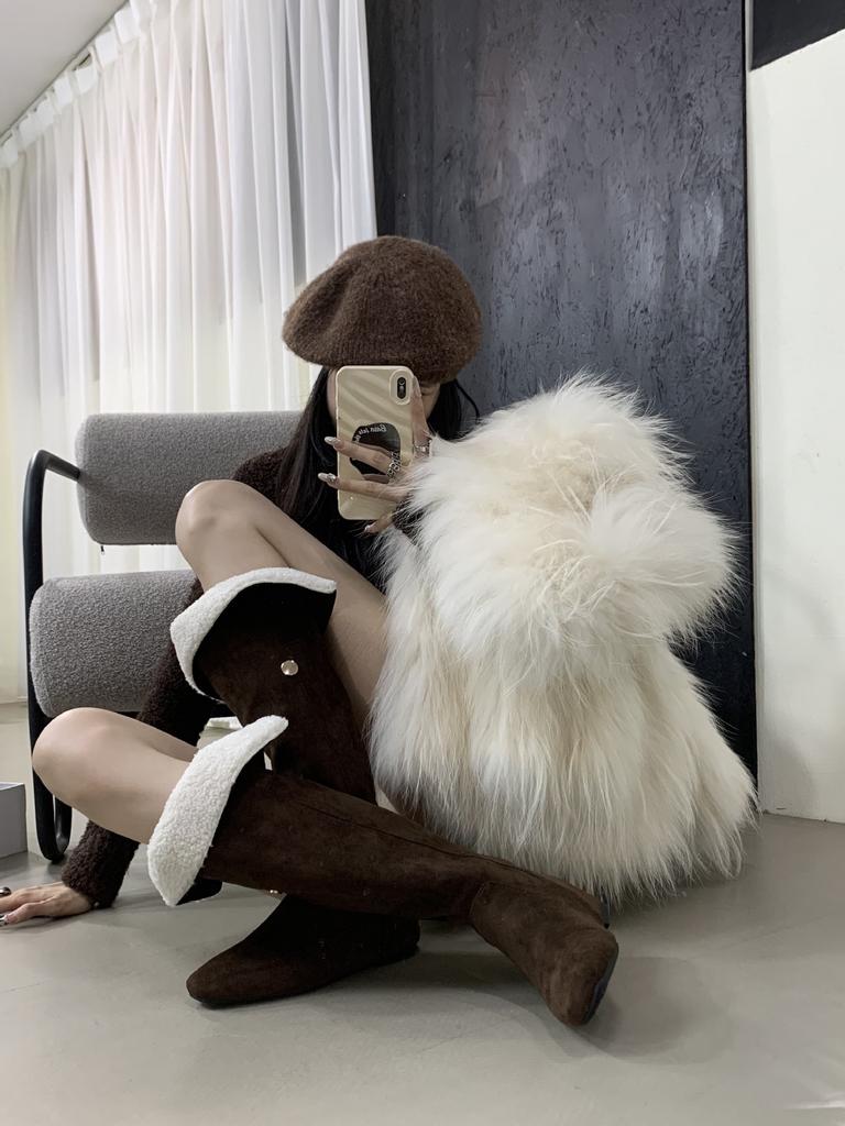 2025 podzim a zima nové kulaté špičky chlupaté boční zip silný podpatek vysoká holenní část Martin teplé sněhové dámské rytířské boty