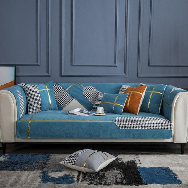 Luxury Plaid Chenille Sofa Cover L Shape Velvet Couch Slipcover Furniture Protector Armrest Recliner Towel Gray