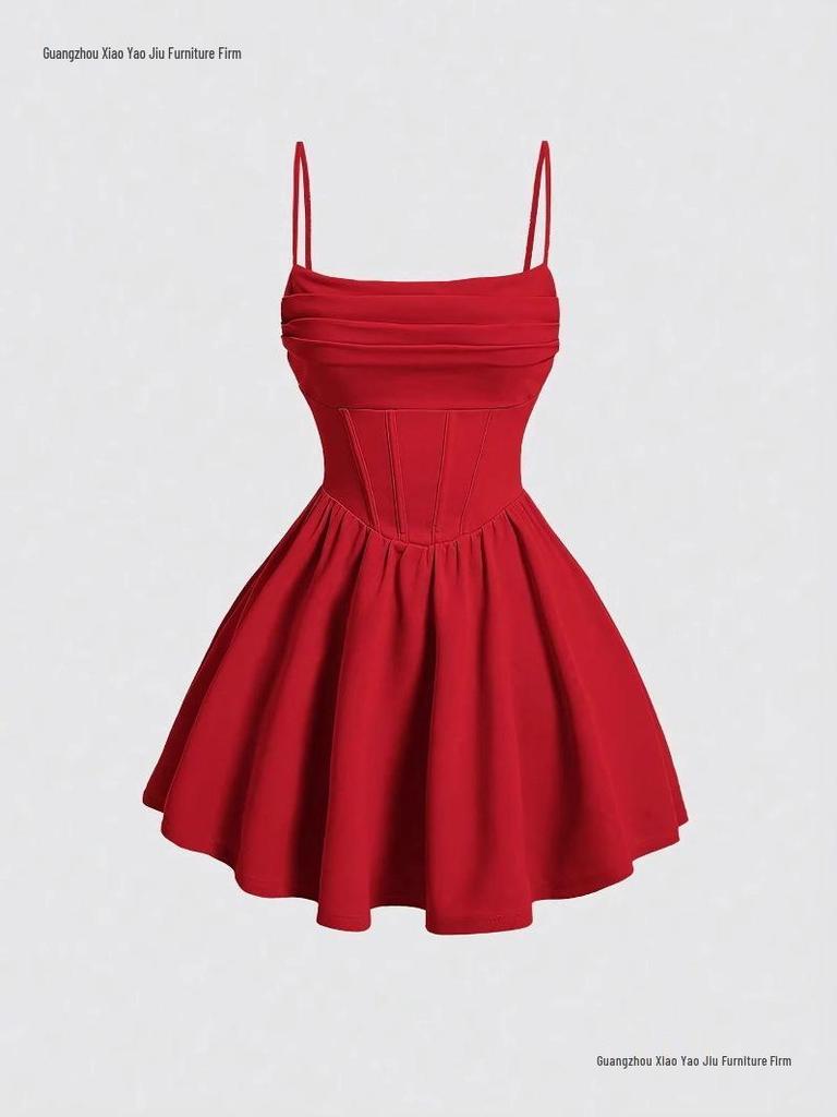 New Summer Fashion Evening Gown: Sexy Solid Color Pleated Dress with Back Zipper & Spaghetti Straps