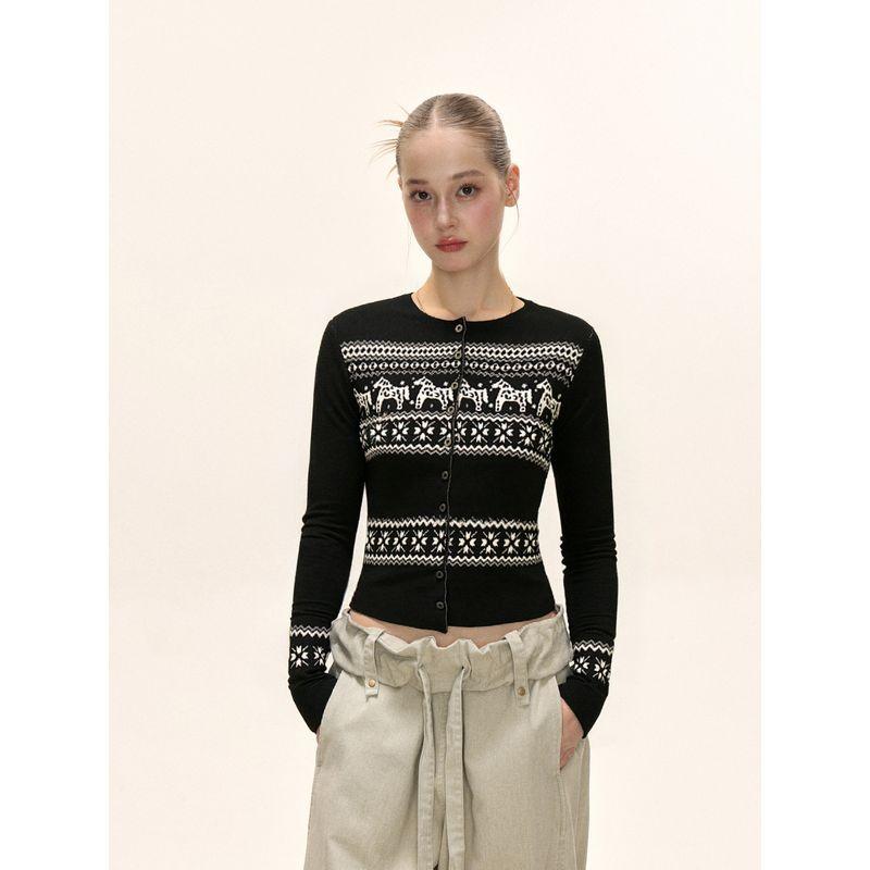 Shiyiyue Fair Isle Knit Cardigan for Women, Autumn and Winter American Style Slim Fit Short Top, Color-Block Casual Outerwear Sweater