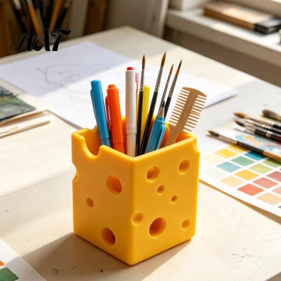 Modern Desk Decoration Creative 3D Printed Cheese Pen Holder, Cute Desktop Organizer, Plastic Stationery Holder Multifunctional Storage Ornament