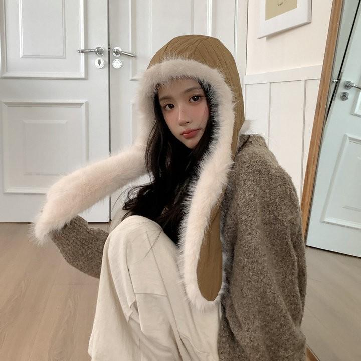 

Personalized big rabbit ears funny plush hat women s autumn and winter new season warm versatile ear protector head hat tide M（56-58cm） хакі
