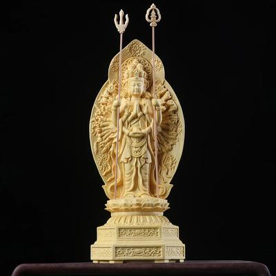 Sculpture en Bois de Buis 20cm Guanyin aux Mille Mains Sculpture Feng Shui Décoration d'Intérieur Statue de Bouddha en Bois Massif