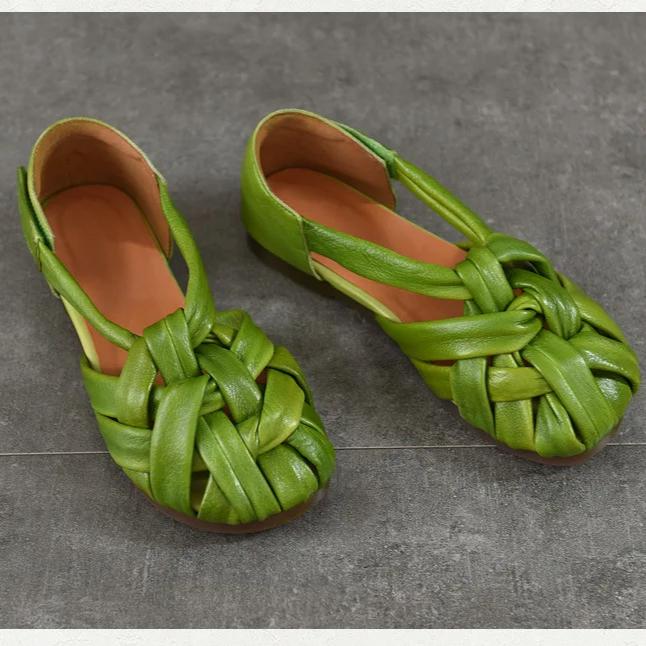 Johnature Genuine Leather Flat Roman Sandals Woven Hollow-out Breathable Women's Shoes