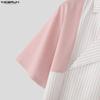INCERUN Summer Men Lapel Neck Short Sleeve Striped Splicing Casual Short Cropped Shirts