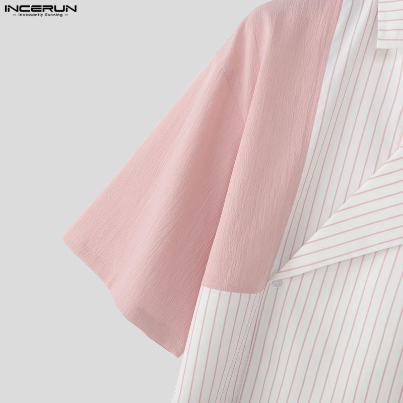 INCERUN Summer Men Lapel Neck Short Sleeve Striped Splicing Casual Short Cropped Shirts