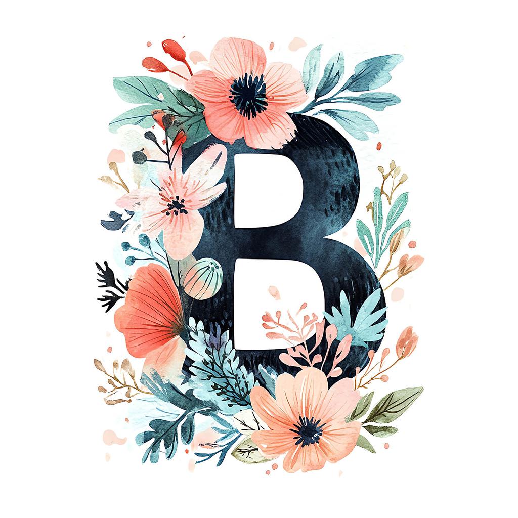 Plakat Litera "B" Otoczona Kolorowymi Kwiatami Plakat Litera "B" Otoczona Kolorowymi Kwiatami, 30X40 Cm, Rama Drewniana Ciemny Brąz, Papier Matowy 230